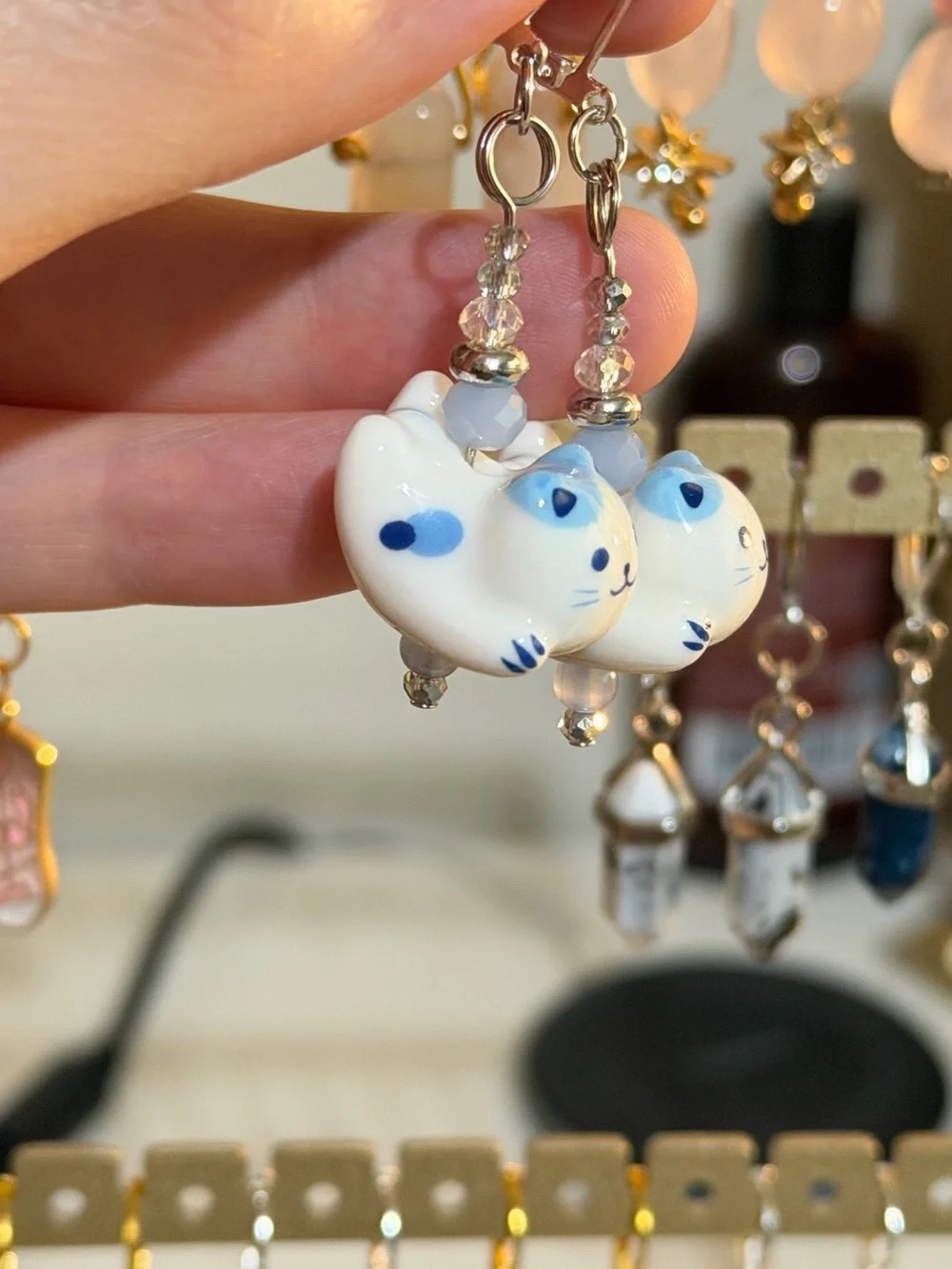 Handcrafted White & Blue Cat Earrings - Cute Ceramic Cat Dangle
